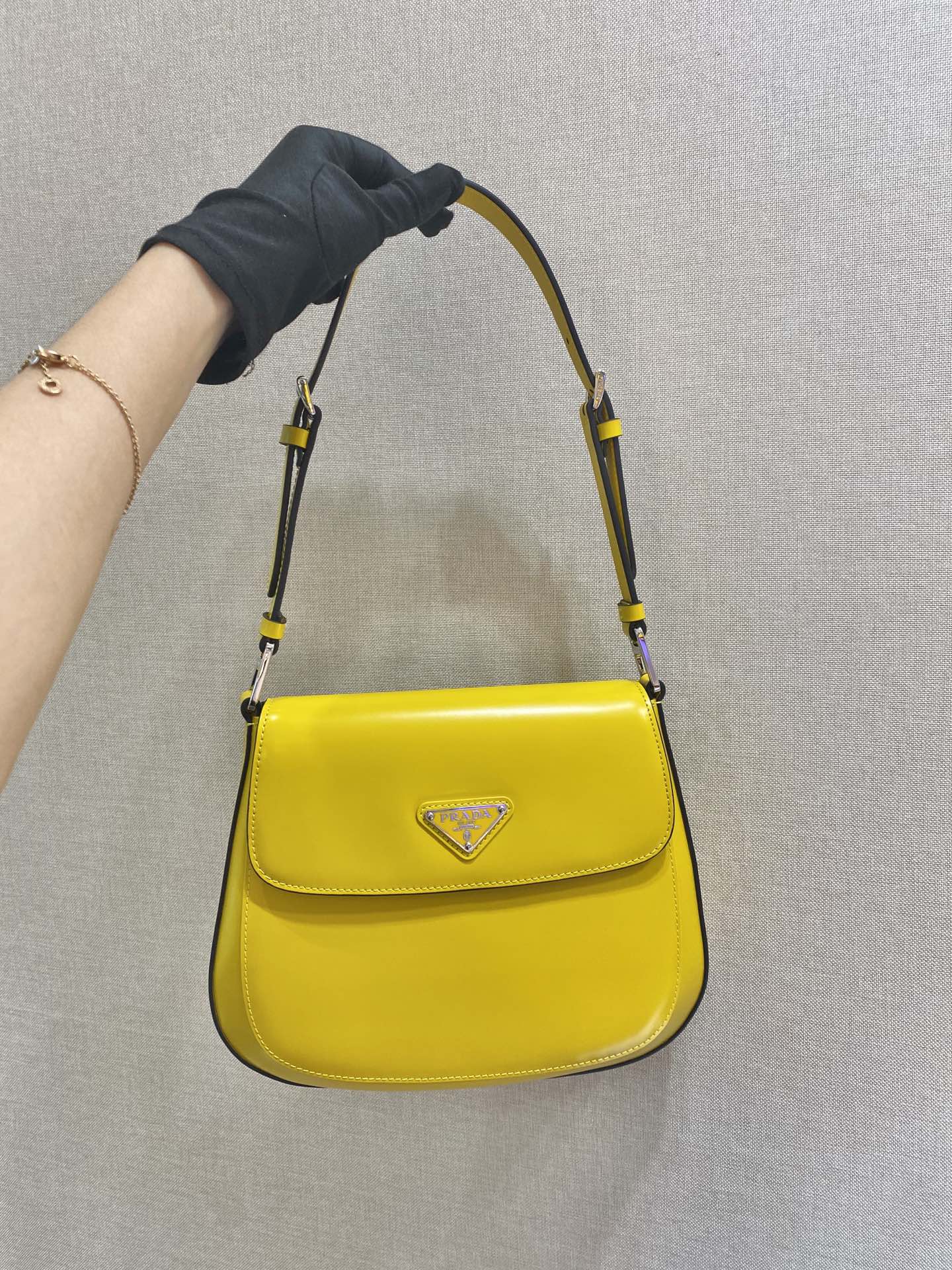 Prada Cleo Brushed Leather Shoulder Bag With Flap Yellow 1BD303